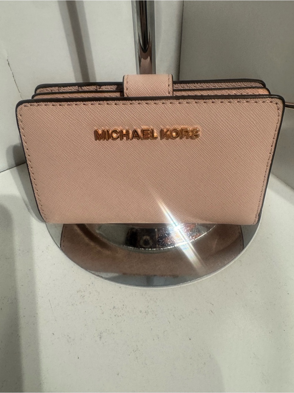 Michael Kors Blush Saffiano Leather Snap Card Wallet with Gold Logo